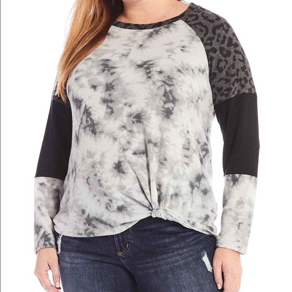 Moa Moa Long Sleeve Plush Tee NEW 1X Grey Black Twist Hem Color Block Tie Dye